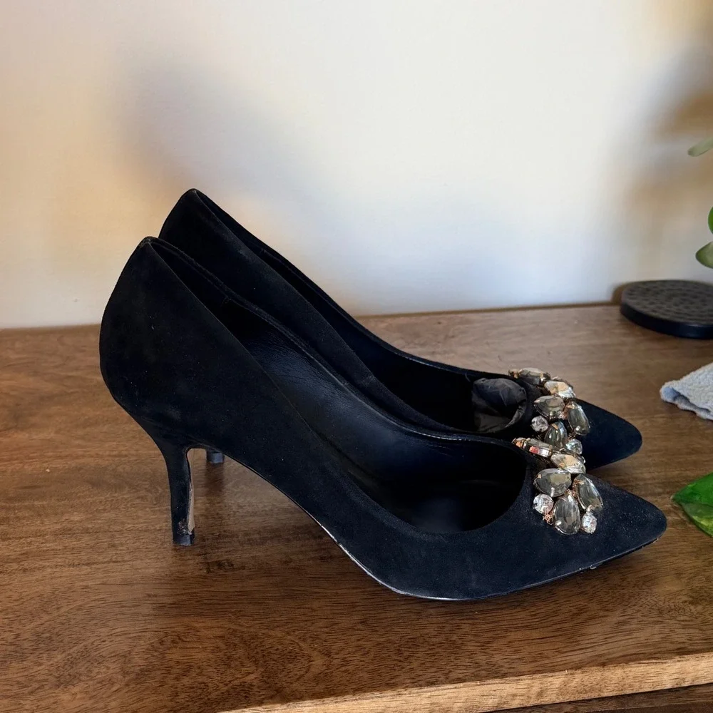 Sole Society Pump Womens 8 Black Crystal‎ Embellished Suede Pointed Toe Stiletto